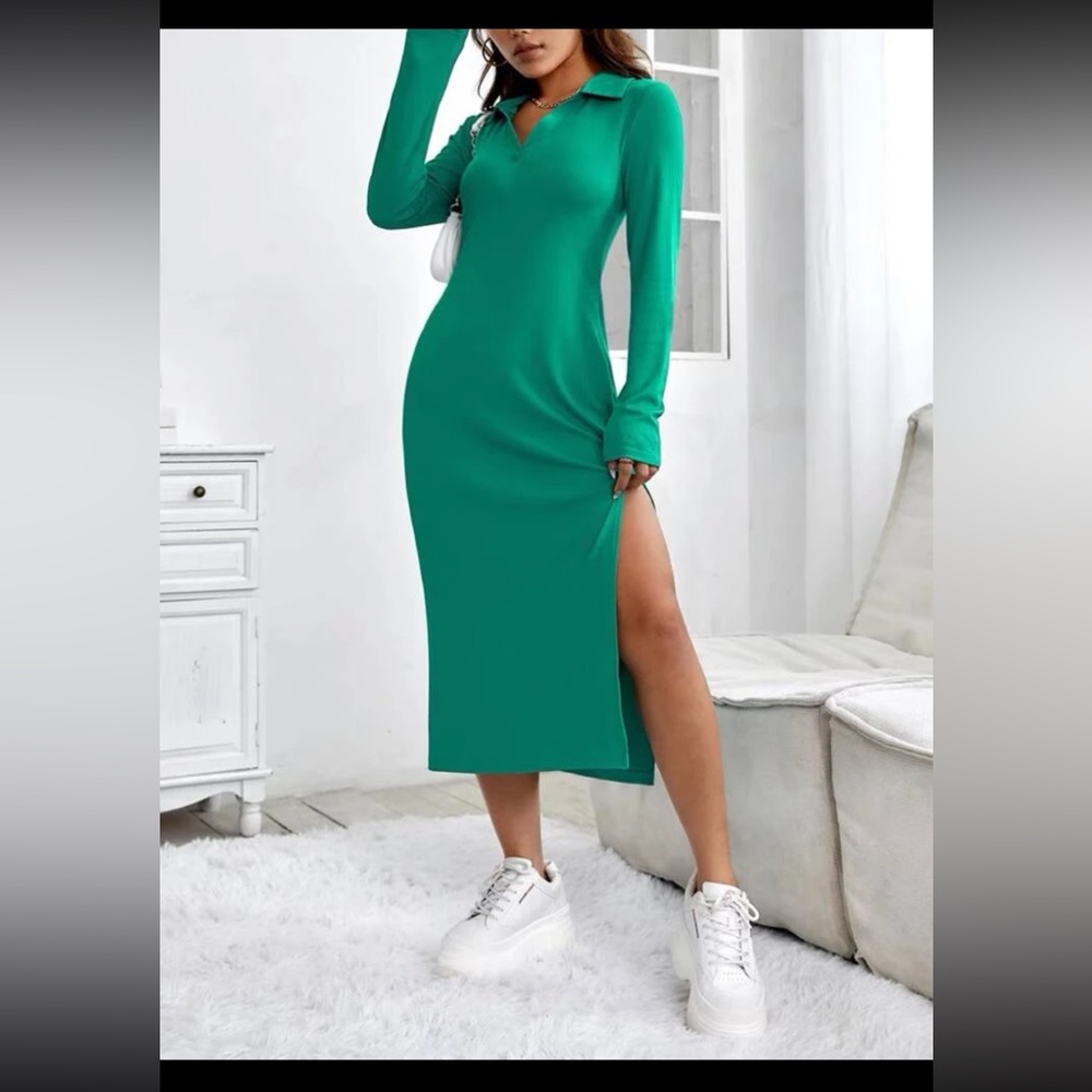 Green Long Sleeve Split Thigh Midi Dress with Collar